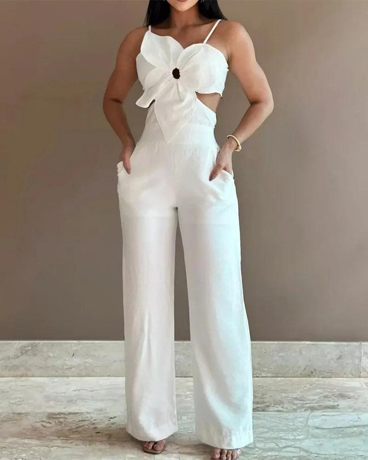 2024 Summer Fashion Jumpsuit Women Floral Pattern Shirred Hollow Out Casual Asymmetrical Neck Pocket Backless Jumpsuit-THAT FASHION STORE