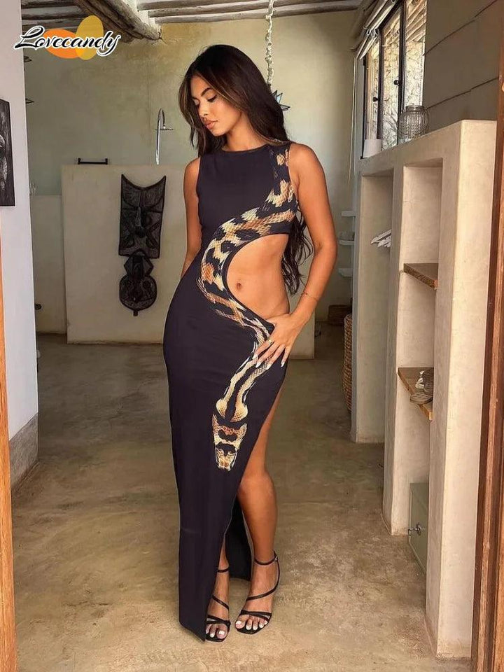 Fashion Black Snake Printed Hollow Out Long Dress Women Sexy O Neck Sleeveless High Split Slim Robes 2024 Lady Party Night Gowns-THAT FASHION STORE