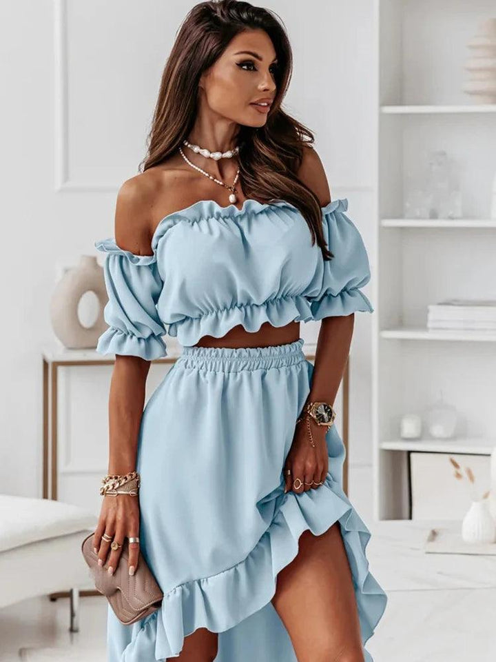 Sexy Off Shoulder Two Piece Set Women Summer Ruffle Backless Outfits Puff Sleeve Strapless Beach Party Skirts 2 Piece Sets Robe-THAT FASHION STORE