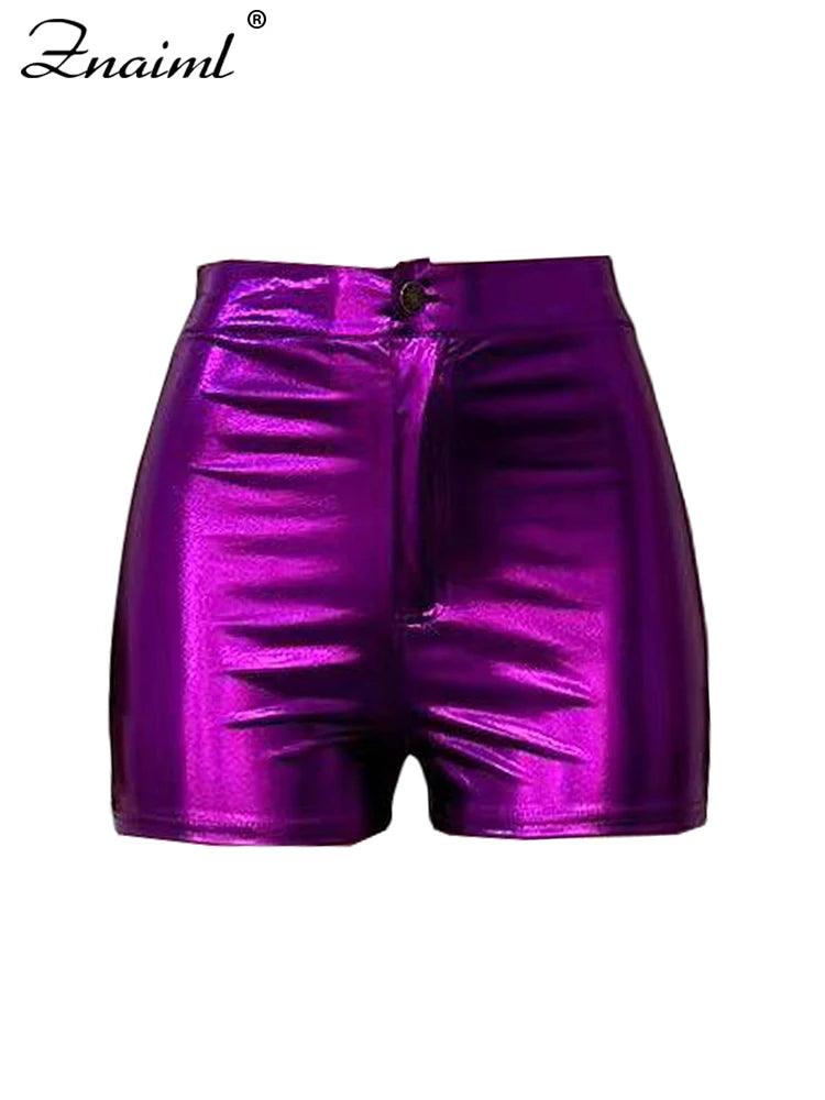 Znaiml Summer PU Leather Metallic Boycon Biker Short for Women Clothing Slim Cycling Pants Sexy Party Night Club y2k Outfits-THAT FASHION STORE