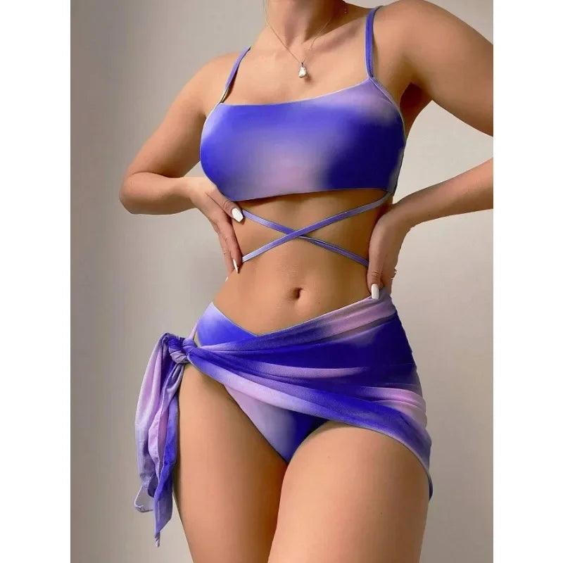 2024 New Women Tie Dyed Split Bikini Sexy Hip Lifting Mesh Gradient Beach Three Piece Set Cross Swimwear Girl-THAT FASHION STORE