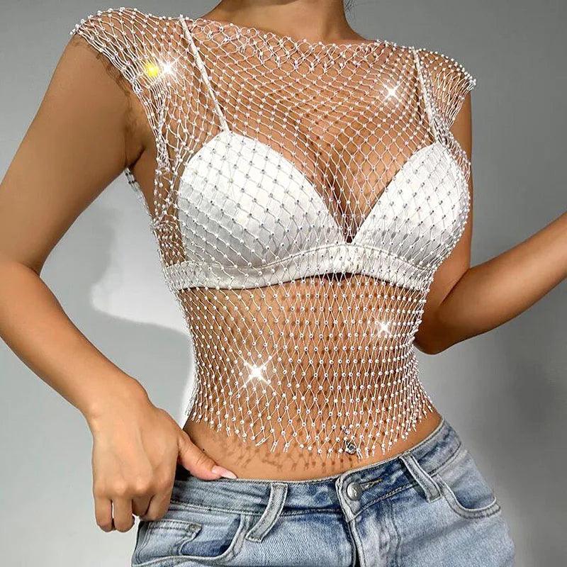 Crystal Beading Shiny Tanks Summer Girls Party Club Sexy Hollow Out Rhinestones Camis Winky Cropped Navel Sleeveless Vest-THAT FASHION STORE