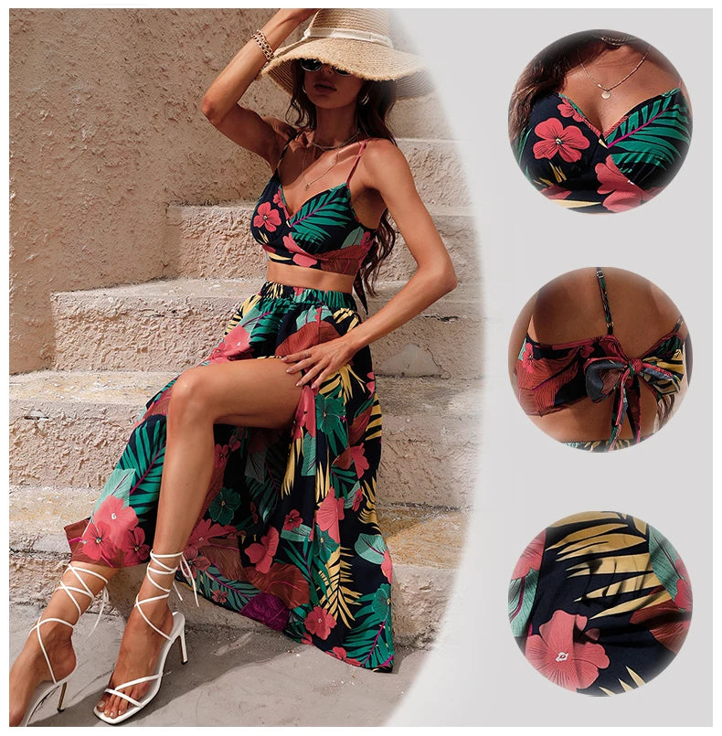 Y2K Floral Print Two-Piece Bikini Crop Top and Skirt Set for Women - Summer Boho Midi Dress - THAT FASHION STORE