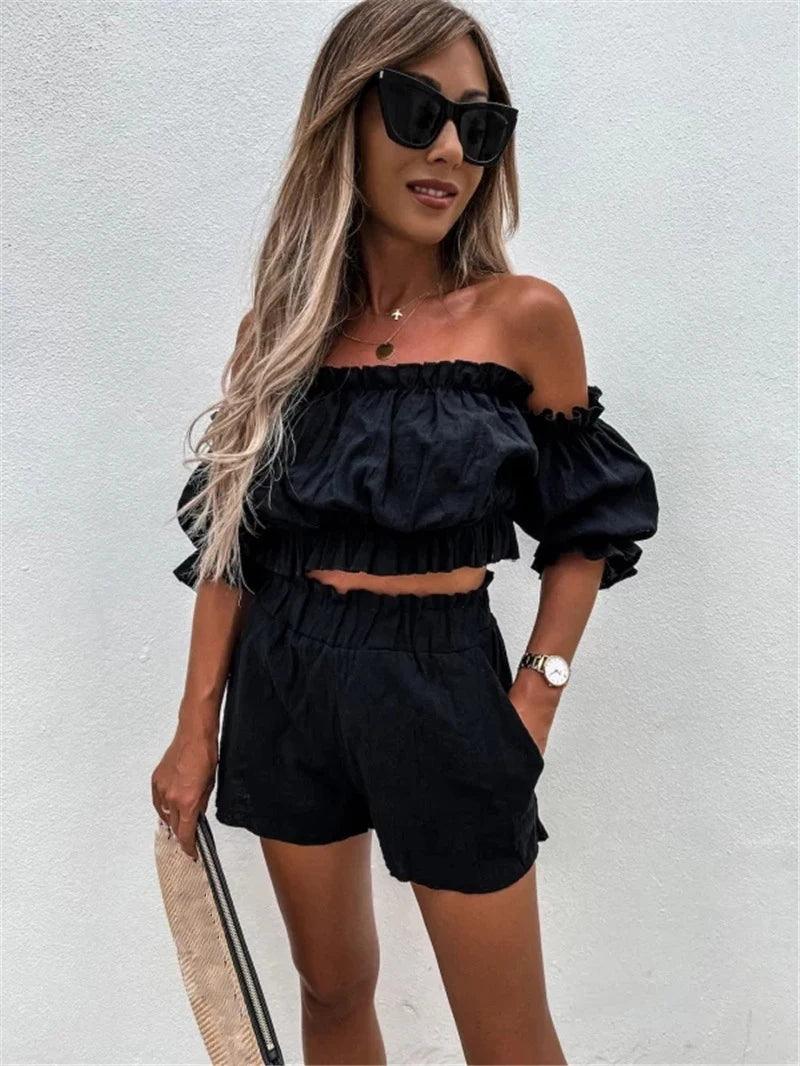 Women Casual Short Sleeve Outfit 2023 Summer Fashion One-Word Collar Lantern Sleeve Pocket Suit Female Top Shorts Two Pieces Set-THAT FASHION STORE