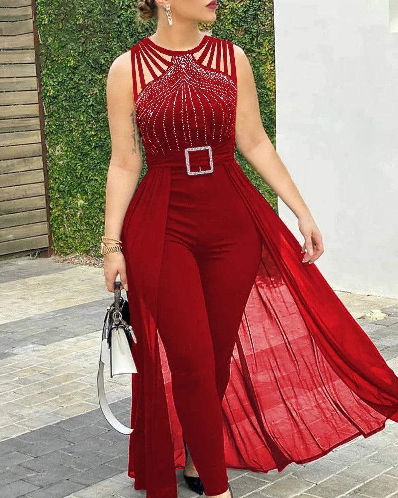 2024 Summer Women's Sexy Round Neck Rhinestone Sheer Mesh Sleeveless Jumpsuit with Belt New Fashion Rompers Womens Jumpsuit-THAT FASHION STORE