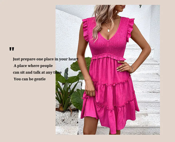 Summer Midi Dresses For Women Casual Red Ruffle Big Hem Holiday Beach Dress Fashion Sleevelee V Neck New In Dresses 2024 - THAT FASHION STORE