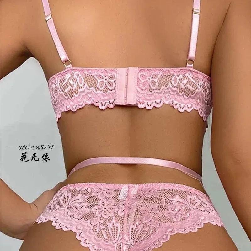 Sexy Crotchless Blue Lingerie Women Lace Hollow Bodysuit Erotic Pajamas Teddy Babydoll Dress Deep V Open Bra Porn Underwear Set-THAT FASHION STORE