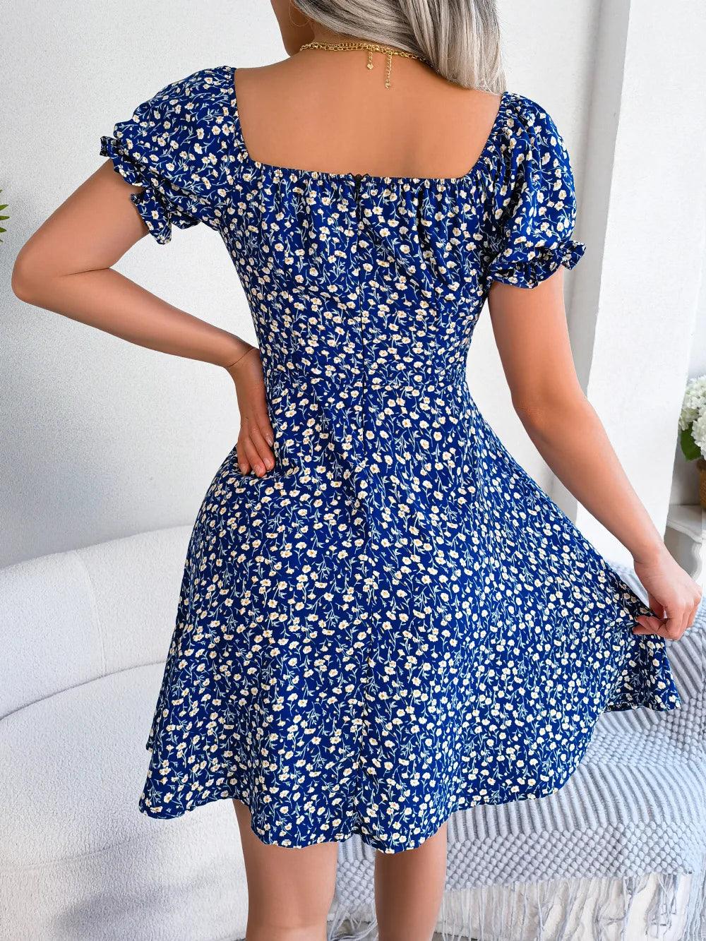 Spring Summer Square Collar Floral Ruffles Mini Dress Women Casual Flare Sleeves Drawstring Lace up Print A Line Dress-THAT FASHION STORE