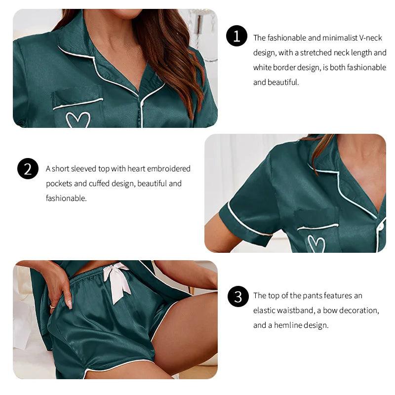 2pcs Heart Embroidered Pajama Set Satin Button-Down Short Sleeve Tops & Elastic Shorts Pyjama Women's Sleepwear & Loungewear Pjs-THAT FASHION STORE