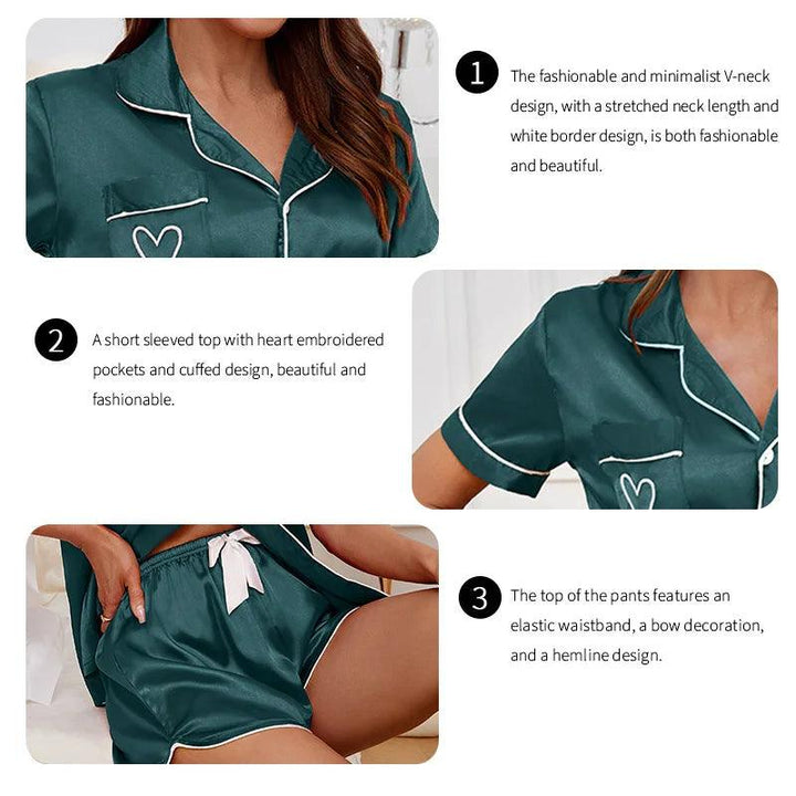 2pcs Heart Embroidered Pajama Set Satin Button-Down Short Sleeve Tops & Elastic Shorts Pyjama Women's Sleepwear & Loungewear Pjs-THAT FASHION STORE