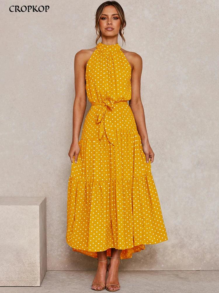 Summer Long Dress Polka Dot Casual Dresses Black Sexy Halter Strapless New 2022 Yellow Sundress Vacation Clothes For Women-THAT FASHION STORE