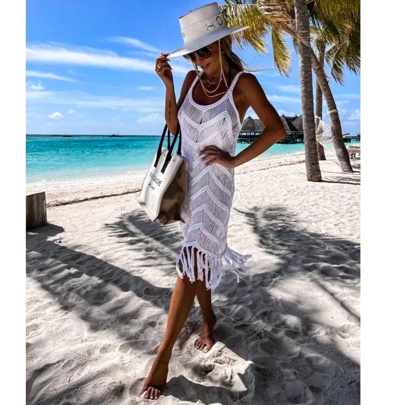 2024 White Crochet Tunic Bikini Cover-ups Sexy Hollow Out Dress Women Summer Clothes See Through Beach Wear Tassel Cover Up-THAT FASHION STORE