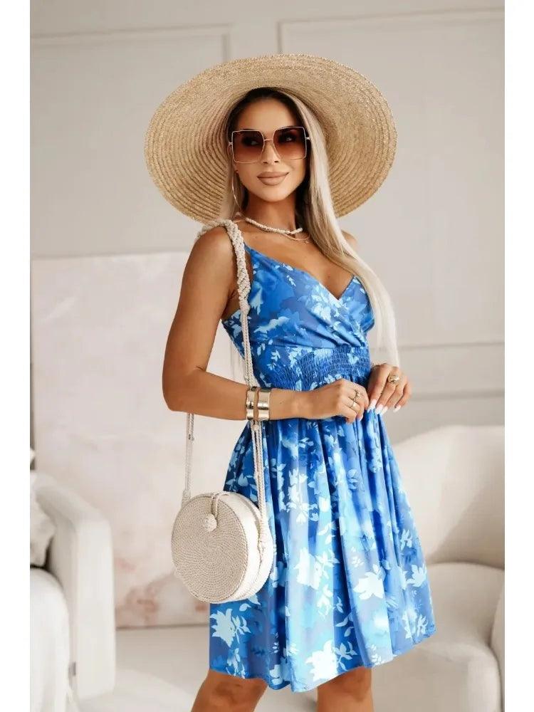 New Fashion Women's Summer Wrap Pleated Dresses Ladies Floral Print Sexy Spaghetti Strap Sling DressBeach Dress A Line Sundress-THAT FASHION STORE