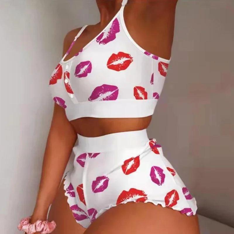 Swimsuit Women's 2-Piece Set Fashion Strawberry Print Lace Lace Sling Two-Piece Set Home Clothes Sweet Pajamas-THAT FASHION STORE