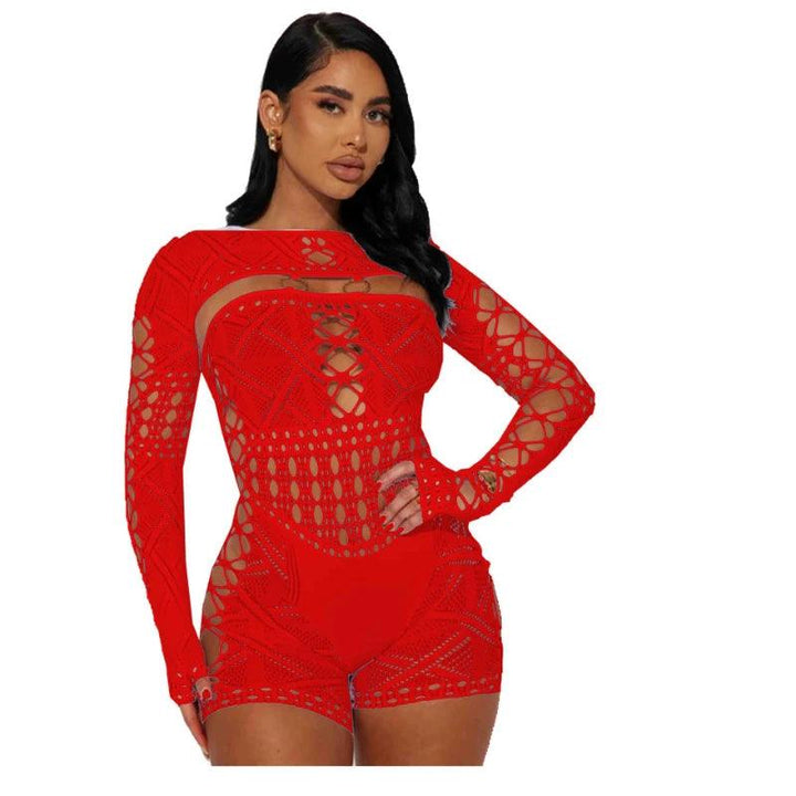 Sexy See Through Mesh Playsuit Women Rompers Long Sleeve Hollow Out Skinny Night Club Outfit One Pieces Jumpsuit Shorts Bodysuit-THAT FASHION STORE