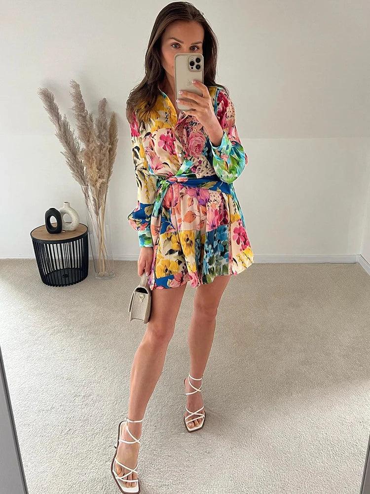 Foridol Floral Boho Tie Dyed Summer Long Sleeve Romper Playsuit Overall Beach Button Shirt Spring Wide Leg Romper Jumpsuit-THAT FASHION STORE