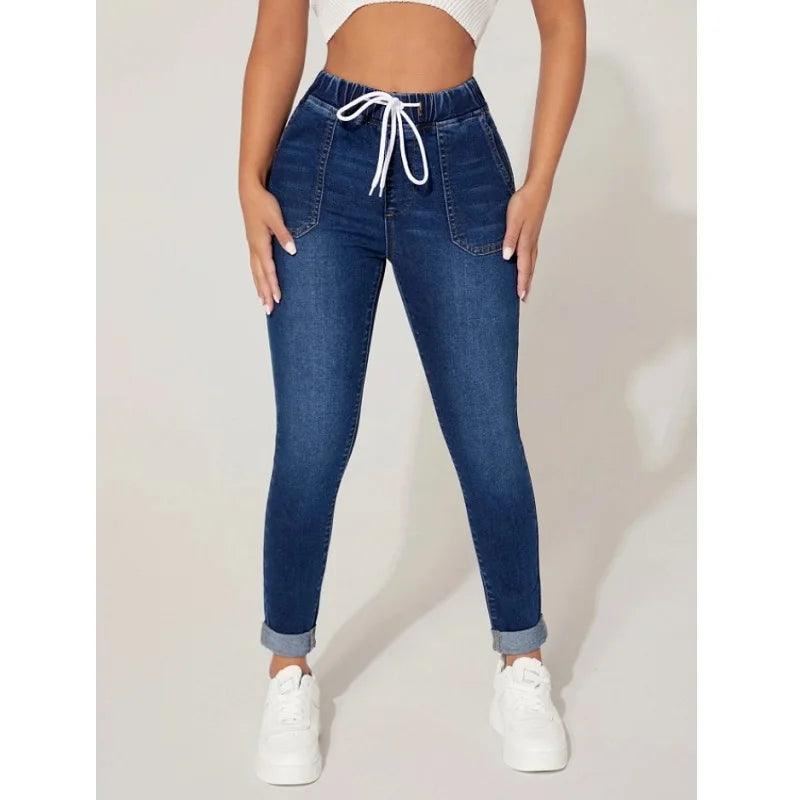 Drawstring Waist Denim Jeans For Women High Waist Stretch Pencil Pants-THAT FASHION STORE