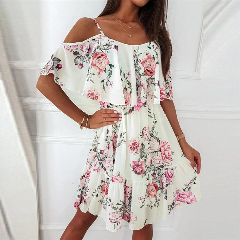 Chiffon Floral Dress for Women 2024 Summer Solid Vacation Pullover Beach Sundress Female Korean Fashion Slim Sexy Short Dresse-THAT FASHION STORE