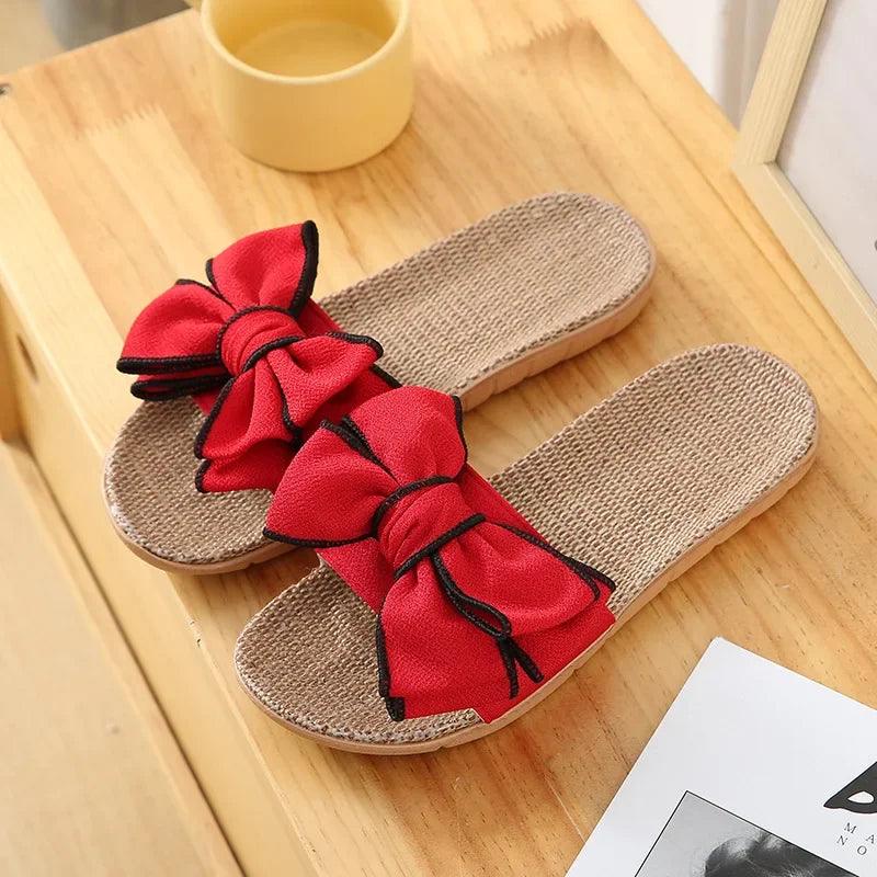 Women Summer Casual Slides Comfortable Flax Slippers Striped Bow Linen Flip Flops Platform Sandals Ladies Indoor Shoes-THAT FASHION STORE