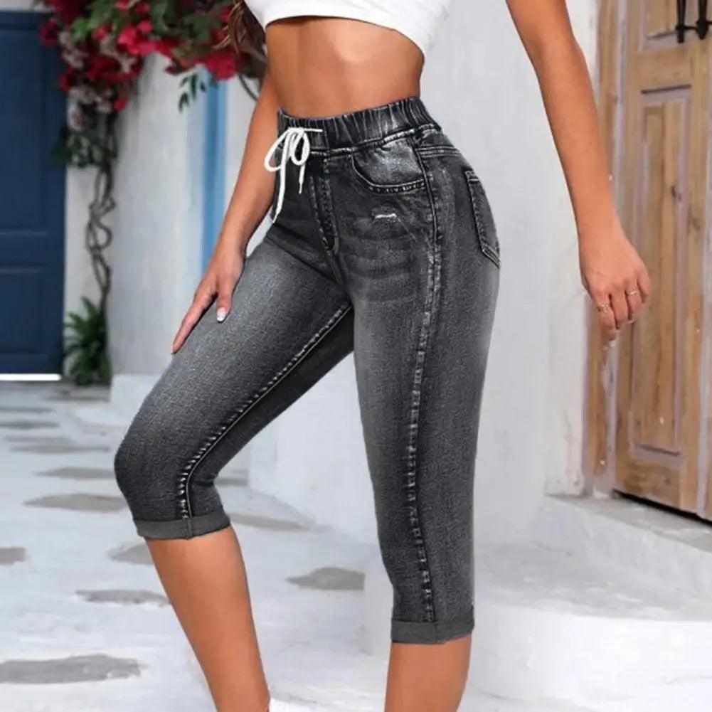 Women Cropped Jeans Elastic High Waist Drawstring Pockets Gradient Slim Fit Butt-lifted Ripped Calf-length Colorfast Men Pants-THAT FASHION STORE