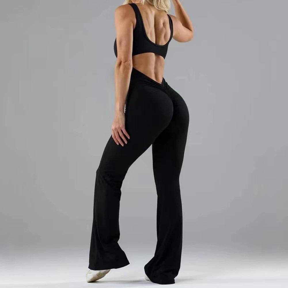 Hollow Out Beauty Back Women Wide-leg Peach Butt Running Fitness Yoga Bodysuit Sexy Backless Jumpsuits-THAT FASHION STORE