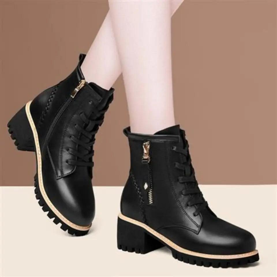 Women Shoes Boots Ankle 2022 New Autumn British Wind Genuine Leather Thick With Fur Ladies Short Boots Motorcycle heels boots-THAT FASHION STORE