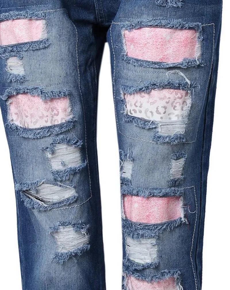 Valentine's Day Contrast Cheetah Print Ripped Jeans Women Autumn Hand Frayed Pocket Cuff Slim Fit Pants Spliced-THAT FASHION STORE