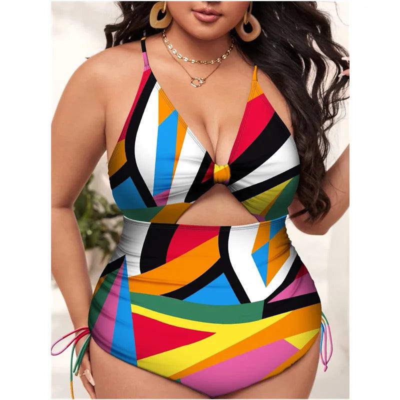 2024 New High Waisted Swiming Suits Plus Size Floral Print Cutout Drawstring Monokini One Piece Swimsuit Women-THAT FASHION STORE