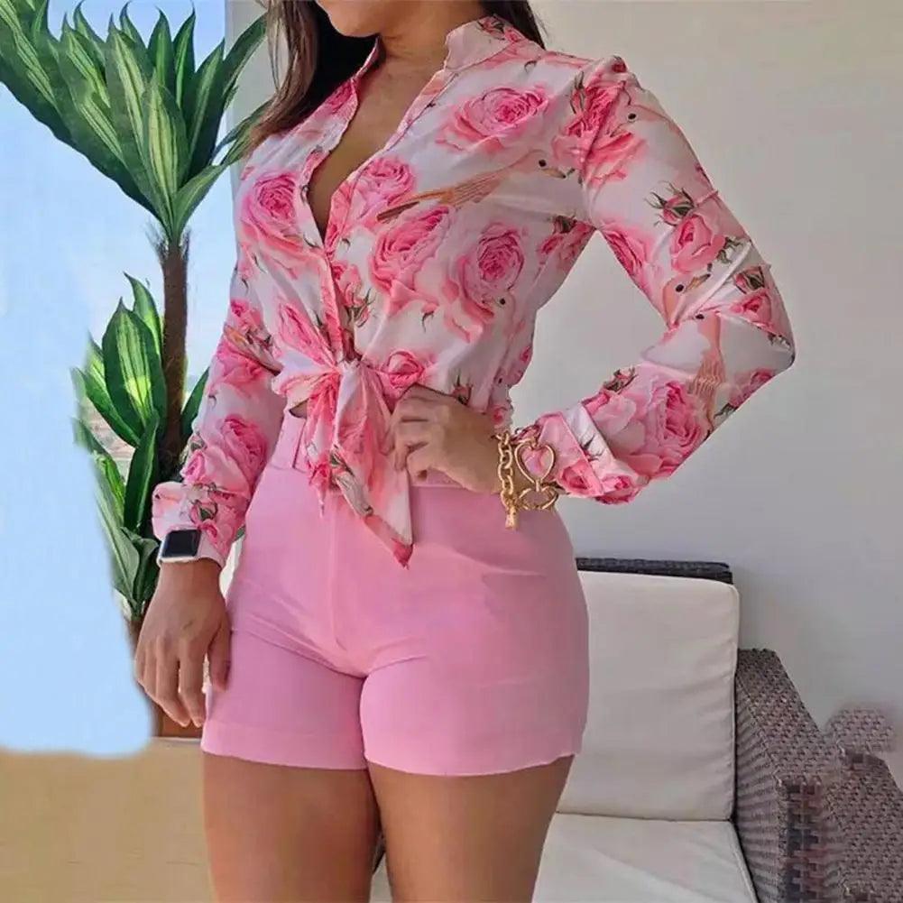 Women's Shorts Suit Summer Fashion Sexy V Neck Long Sleeve Shirts Slim Wear A Belt Elegant Female Blouse Office Two Piece Set-THAT FASHION STORE