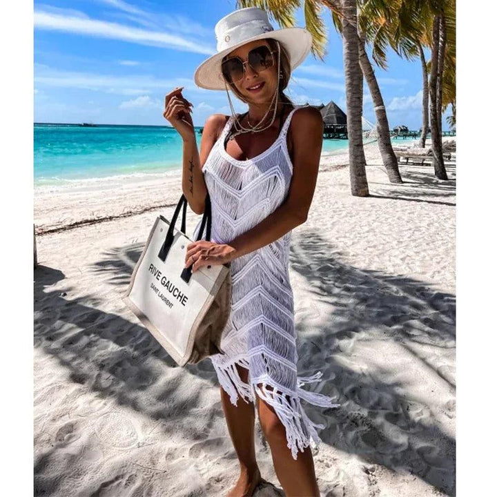 2024 White Crochet Tunic Bikini Cover-ups Sexy Hollow Out Dress Women Summer Clothes See Through Beach Wear Tassel Cover Up-THAT FASHION STORE