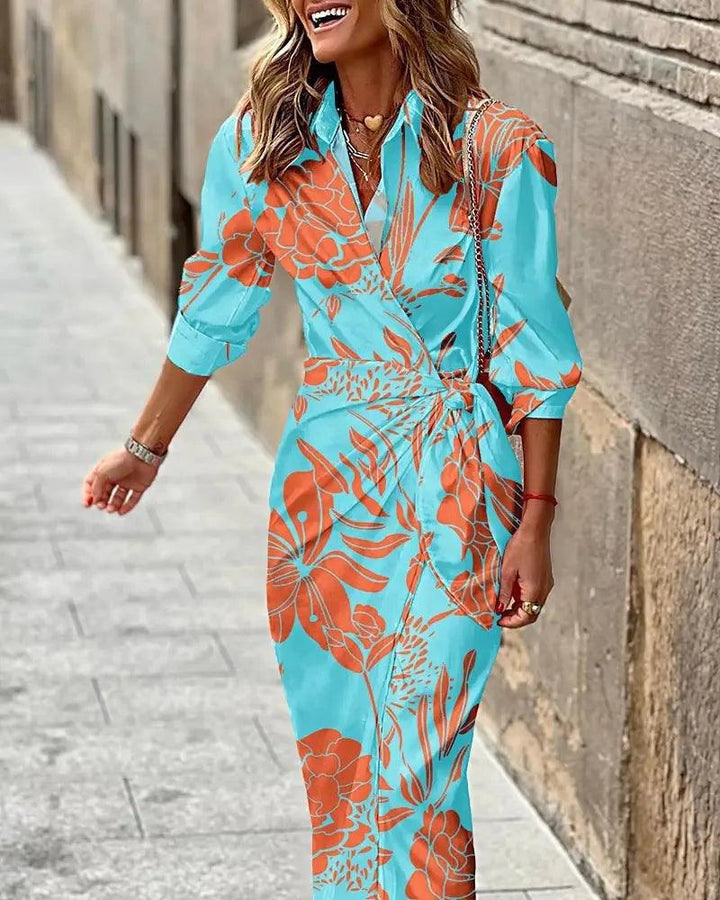 Fashion Printed Shirts Dresses Women Turn-down Collar Leace-up Bodycon Midi Dress Lady Temperament Commuting Chic Slim Vestidos-THAT FASHION STORE