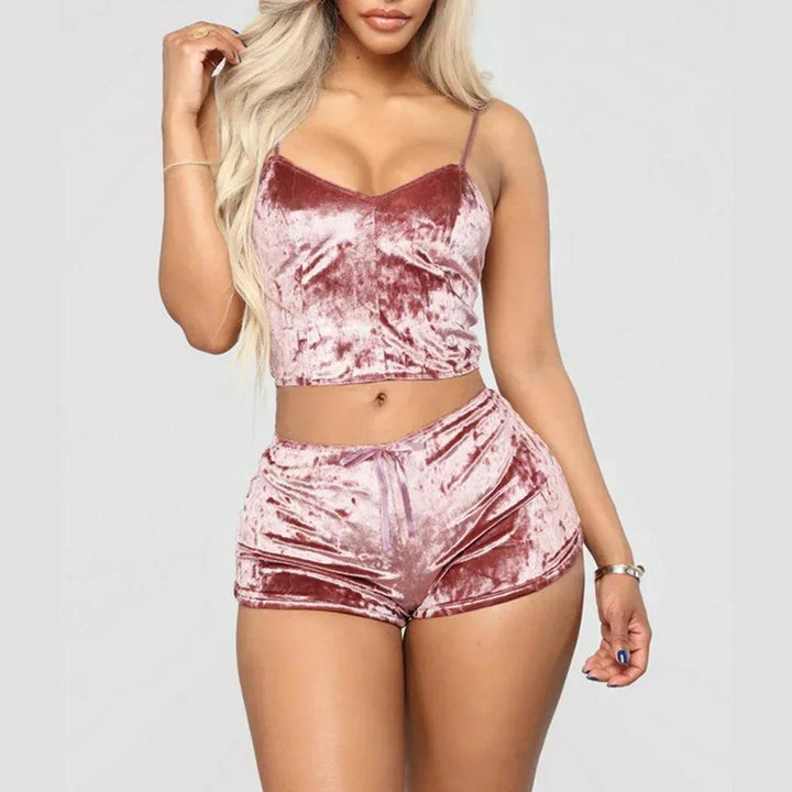 Women's Velvet Sleeveless V-neck Underwear Polyester Setcamisole+shorts Pajamas Set Comfortable Home Clothes Top Pants-THAT FASHION STORE