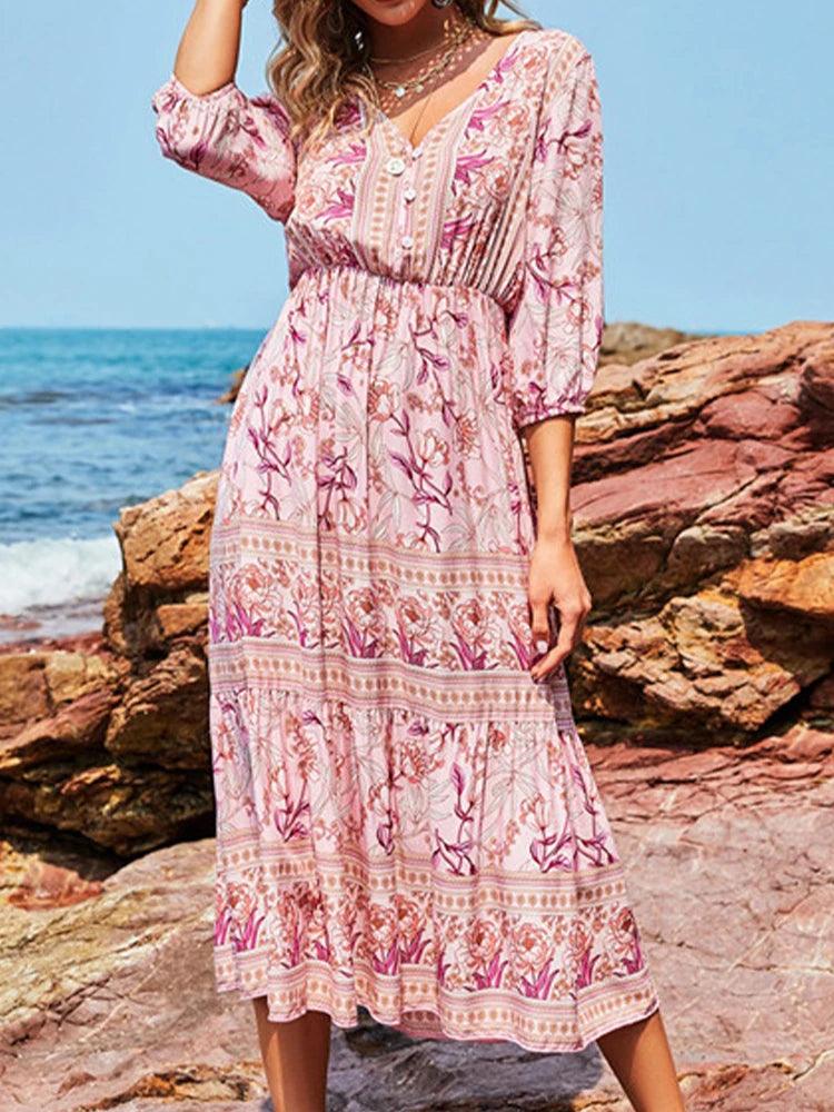 Summer Boho Long Dresses Women Fashion Print V Neck Half Sleeve Cotton Dress Elegant Casual High Waist Beach Dresses Vestidos-THAT FASHION STORE