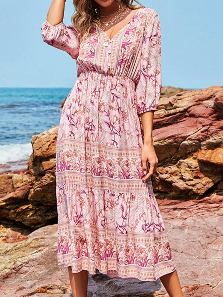 Summer Boho Long Dresses Women Fashion Print V Neck Half Sleeve Cotton Dress Elegant Casual High Waist Beach Dresses Vestidos-THAT FASHION STORE