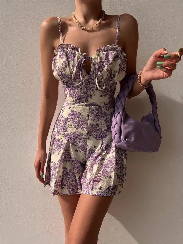 Summer Sexy V-neck Spaghetti Strap Women's Jumpsuit Fashion Floral Print Sleeveless Lace-up Playsuit Elegant Beach Jumpsuits-THAT FASHION STORE