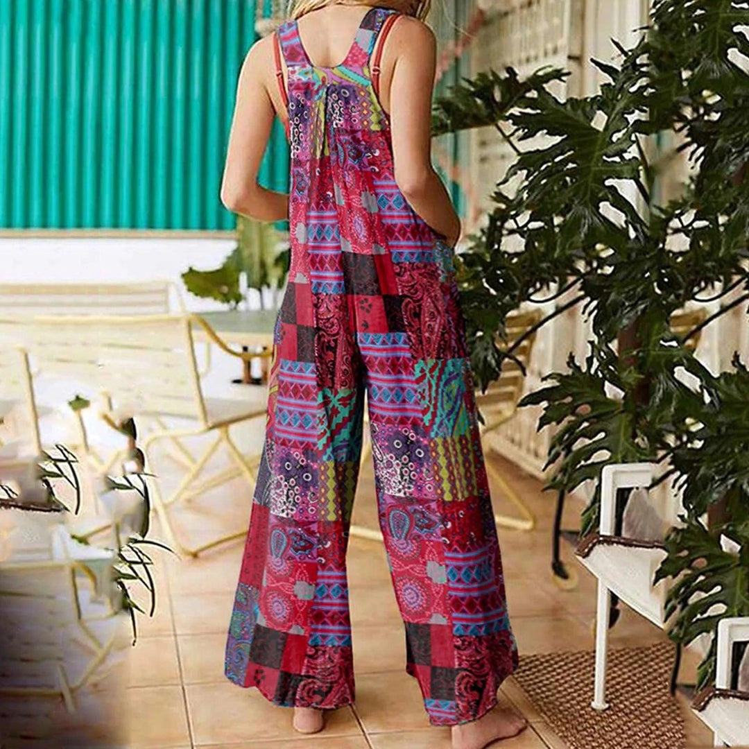 Women Jumpsuits Summer Overalls Multicolor Ethnic Style Square Neck Sleeveless Casual Rompers with Pockets for Girls Playsuit-THAT FASHION STORE