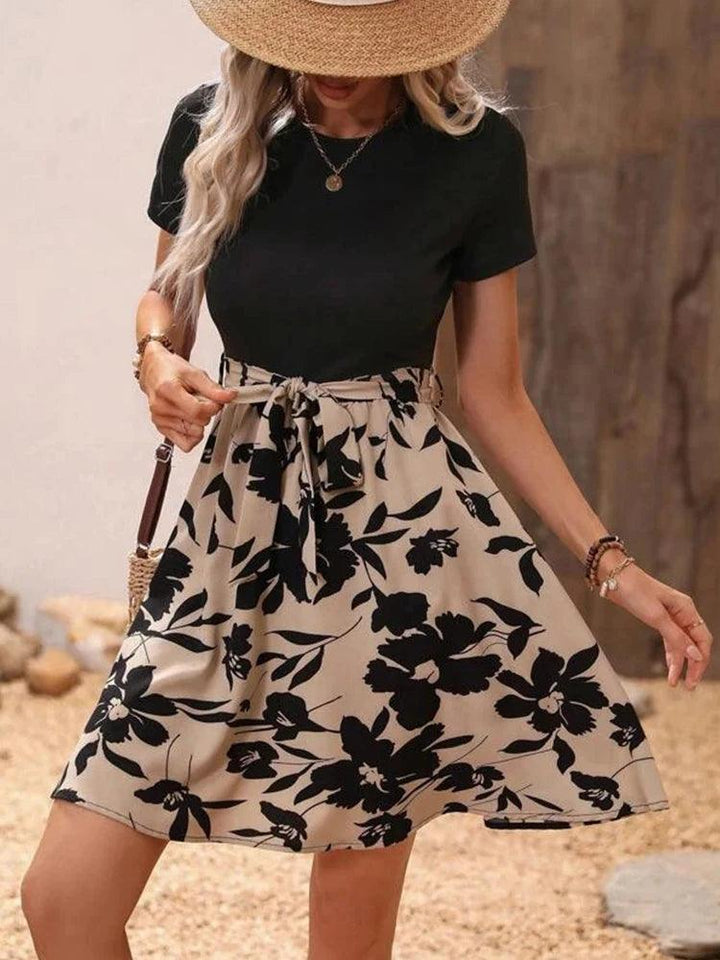 Fashion Casual Summer Women's Round Neck A-line Flower Print Tie With Bow Holiday Style Waist Dress-THAT FASHION STORE