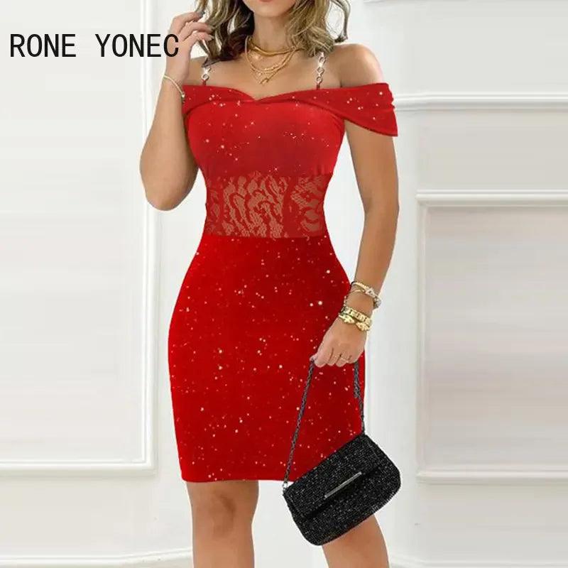 Women Glitter Lace Patch Chain Decor Straps Slash Collar Bodycon Mini Party Red Dress-THAT FASHION STORE