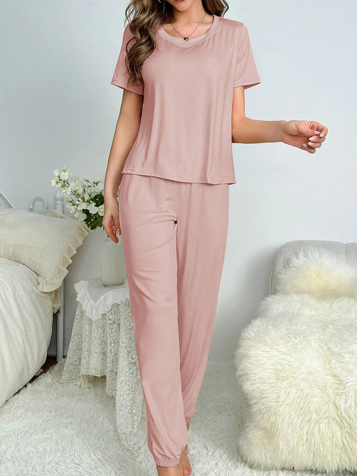 Women's new style pajamas short sleeve trousers elegant casual two-piece solid color home wear-THAT FASHION STORE