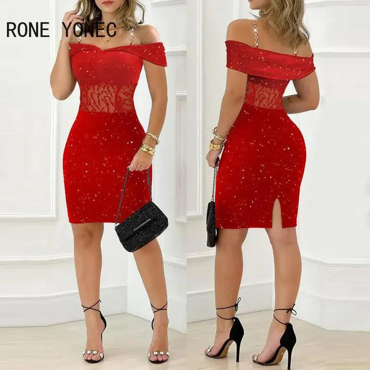 Women Glitter Lace Patch Chain Decor Straps Slash Collar Bodycon Mini Party Red Dress-THAT FASHION STORE