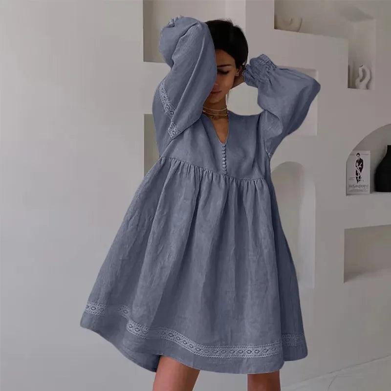 Summer Cotton Linen French Style Dress Commuter Fashion Patchwork Lace Casual Loose Dress Women Sexy V Neck Lantern Sleeve Dress-THAT FASHION STORE