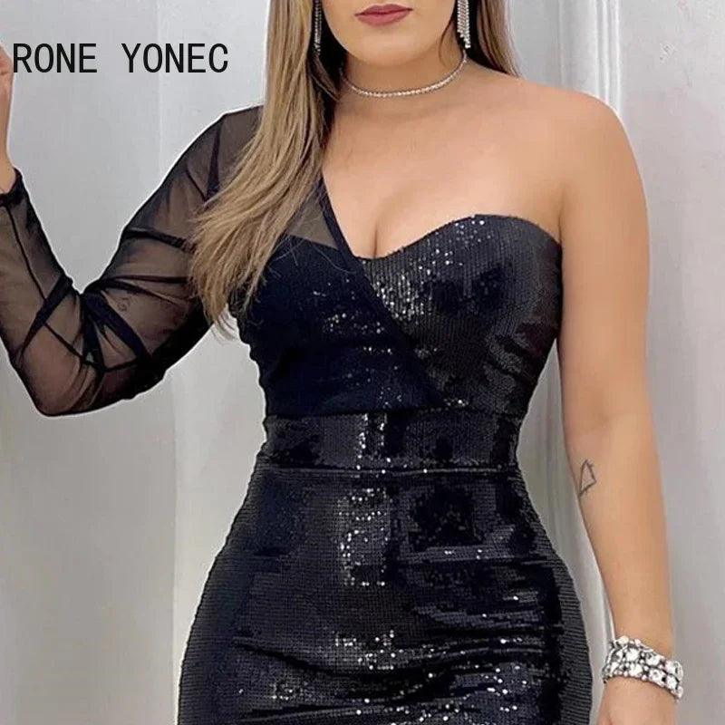 Women Chic Sequins One Shoulder Long Sleeves Sexy Mini Bodycon Party Dresses-THAT FASHION STORE