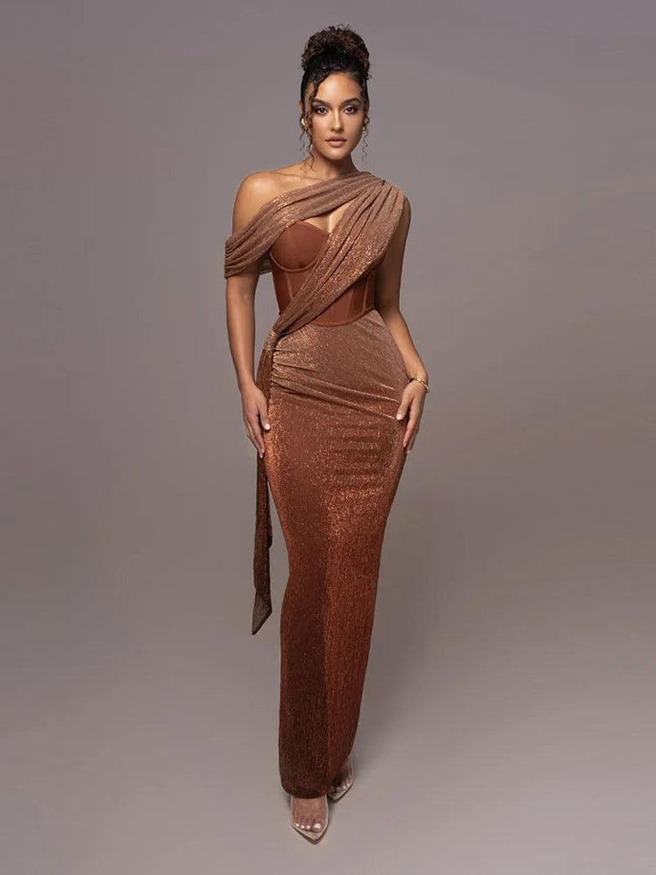 Sexy One Shoulder Draped Glitter Long Dress Women Brown Corset Sparkly Backless Bodycon Maxi Dresses Evening Party Gowns-THAT FASHION STORE