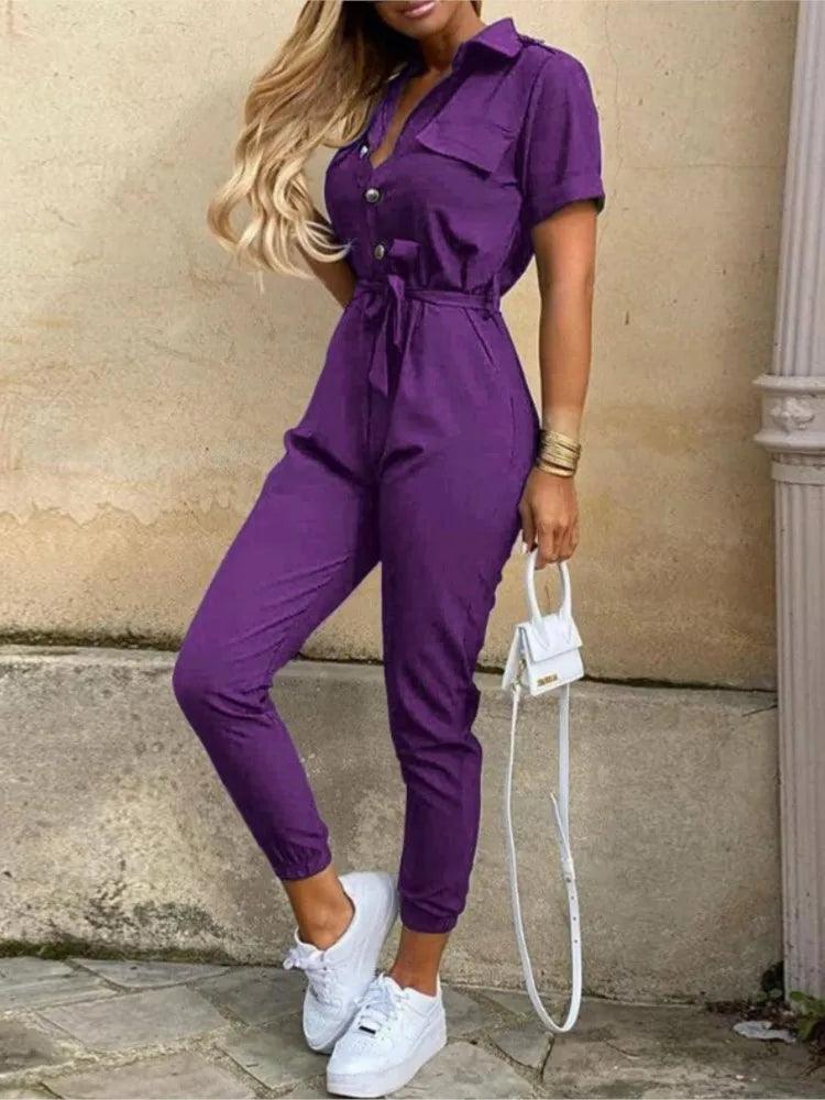 Summer Women's New Fashion Flip Collar Button Print Belt Lace Up Work Dress Casual Capris Jumpsuit Office-THAT FASHION STORE