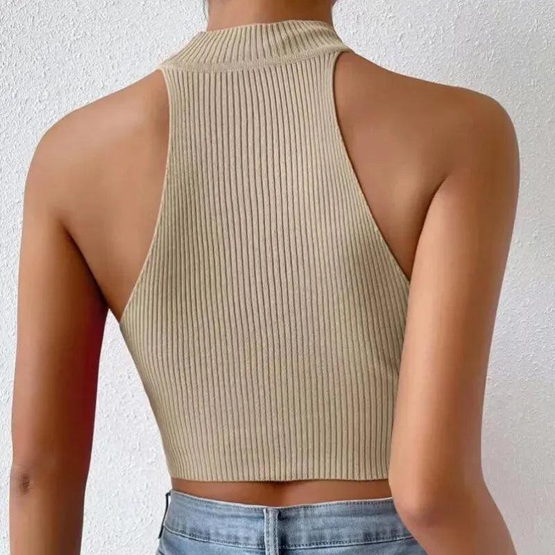 Knit Sleeveless Halter Tops for Women Basics Solid Slim Fitted Crop Womens Turtleneck Ribbed Vest Y2K High Neck Tank Tops-THAT FASHION STORE