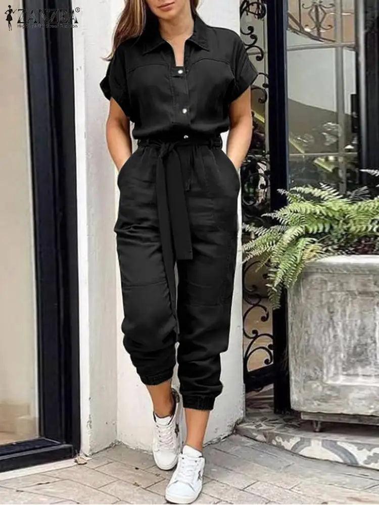 2023 ZANZEA Summer Fashion OL Work Jumpsuit Vintage Cargo Rompers Woman Lapel Neck Short Sleeve Playsuits Elegant Party Overall-THAT FASHION STORE