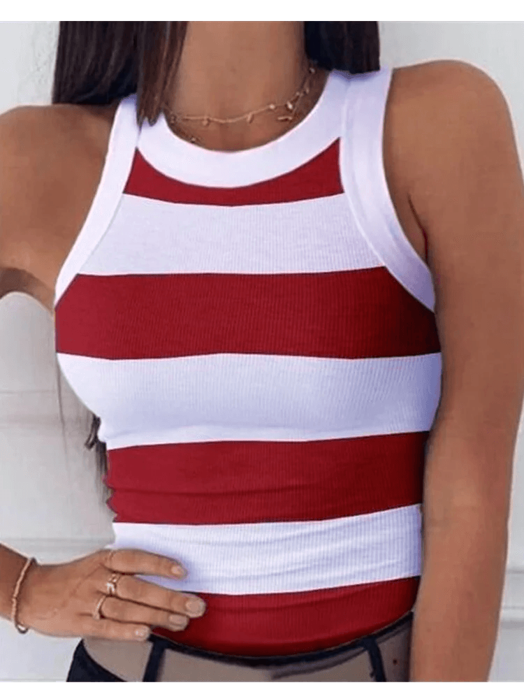 Summer Basic Elastic Tank Top Digital Printing T-shirt Women's O Neck Racerback Sexy Tank Top Stripe Print Sleeveless Tank Top-THAT FASHION STORE