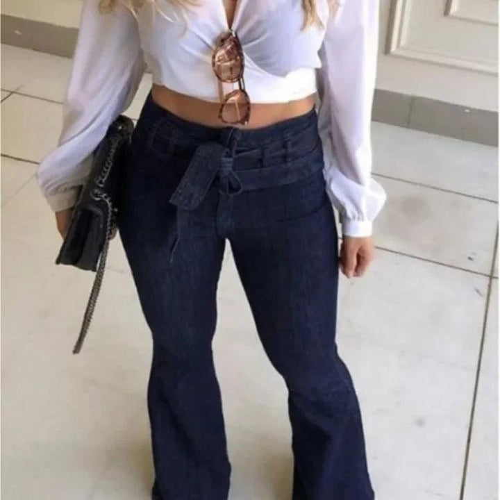 Women Jeans Solid Color High Waist Flare Pants Zipper Fly Flat Pockets Streetwear Slim Patchwork Button Slight Strech Belt-THAT FASHION STORE