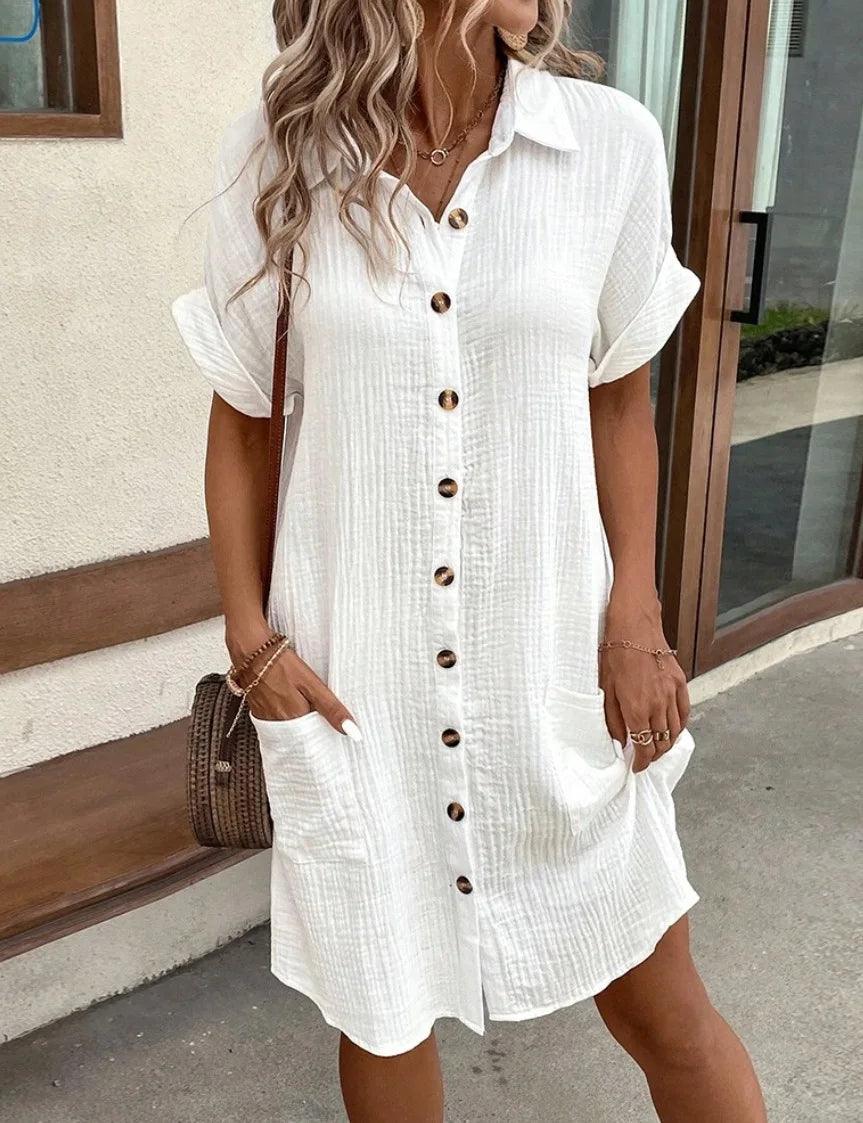 Summer Solid Simple Short Sleeve Shirt Dress Women's Turn-down Collar Single Breasted Casual Elegant Ladies Loose Dresses-THAT FASHION STORE