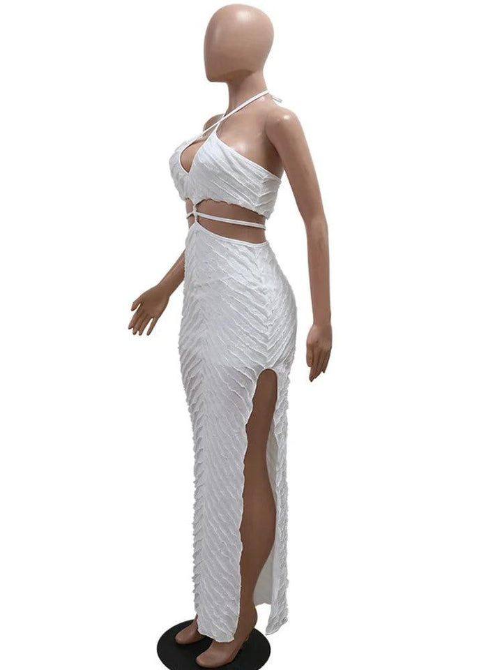 Beyprern Elegant White Hollow Out Ruffles Maxi Dress For Women Chic Split Party Long Dress Night Clubwear Beach Cover-Up Outfits-THAT FASHION STORE